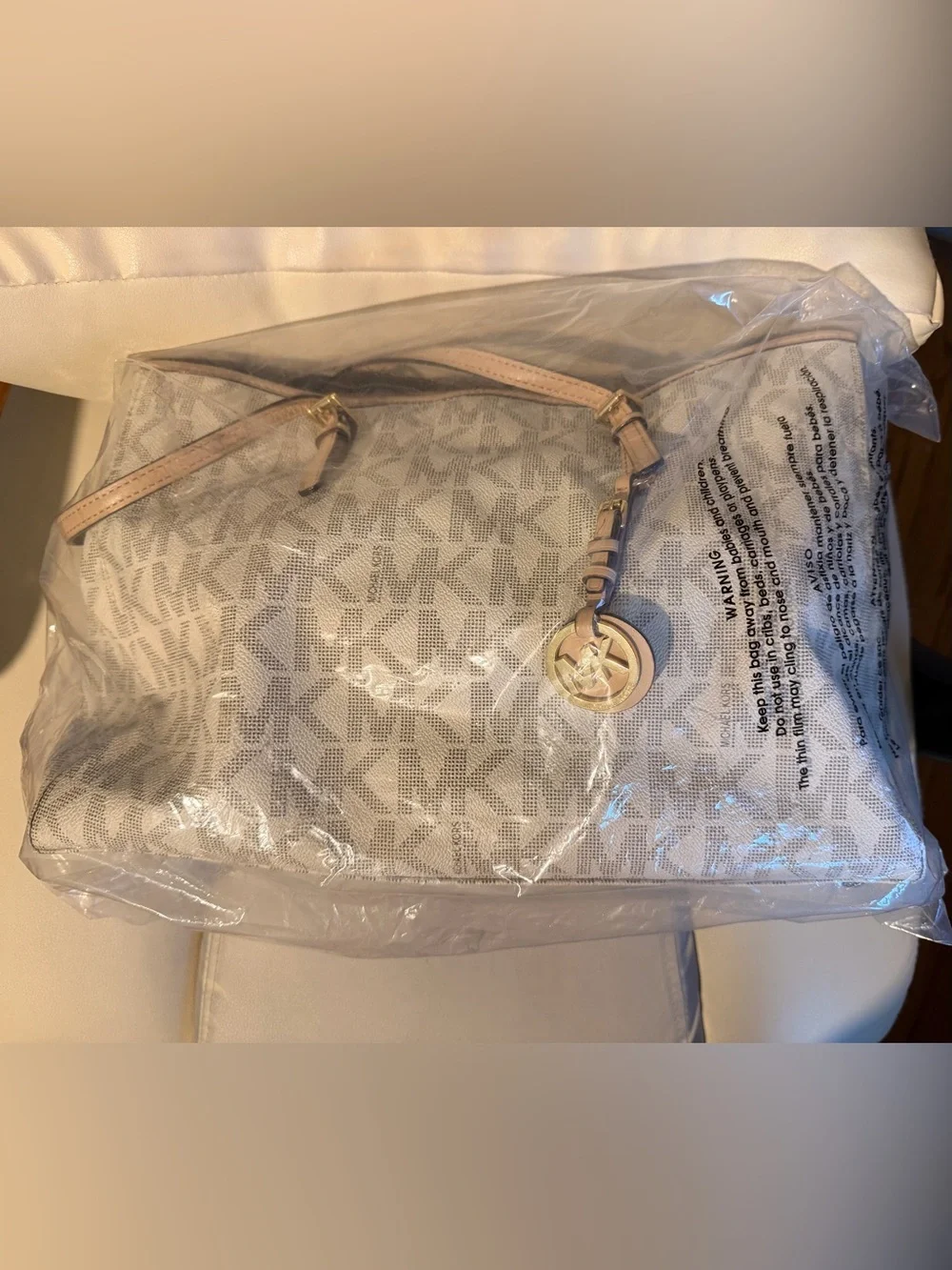 Michael Kors Tan Beige MK Logo Tote with Gold Charm